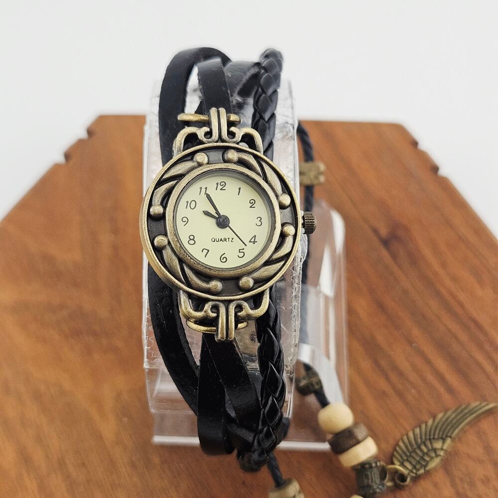 Leather Multistrap Bracelet Watch Black Bohemian Surfer Hippie Layered Vibes